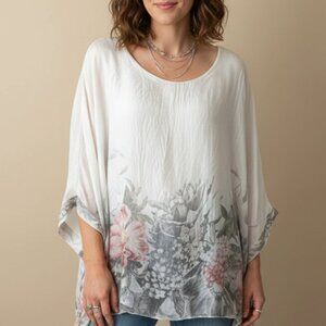 GUSY 100% Silk Blouse M Made in Italy Floral Poncho Boxy Sheer Flowy Artsy Fairy
